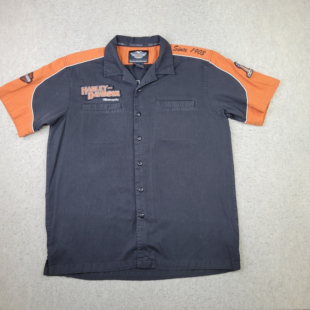 Harley Davidson Mens Large Short Sleeve Button Up Shirt Black Orange Embroidered